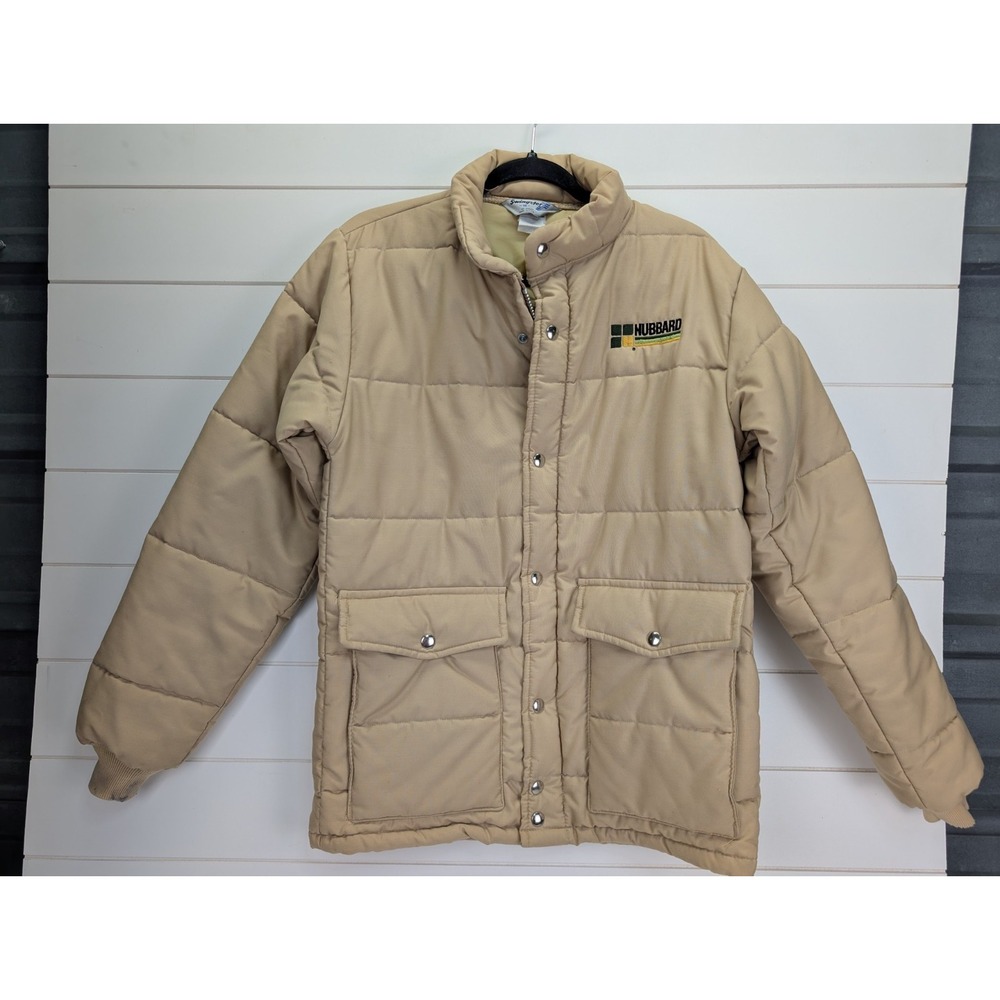 Vintage Swingster Hubbard Feeds Puffer Coat Men‎ Small Logo Farmer Beige 70s 80s
